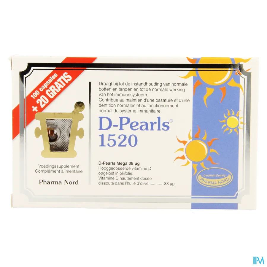 packshot van D-Pearls 1520 met 1520 IE Vitamine D Promopack 120 Capsules