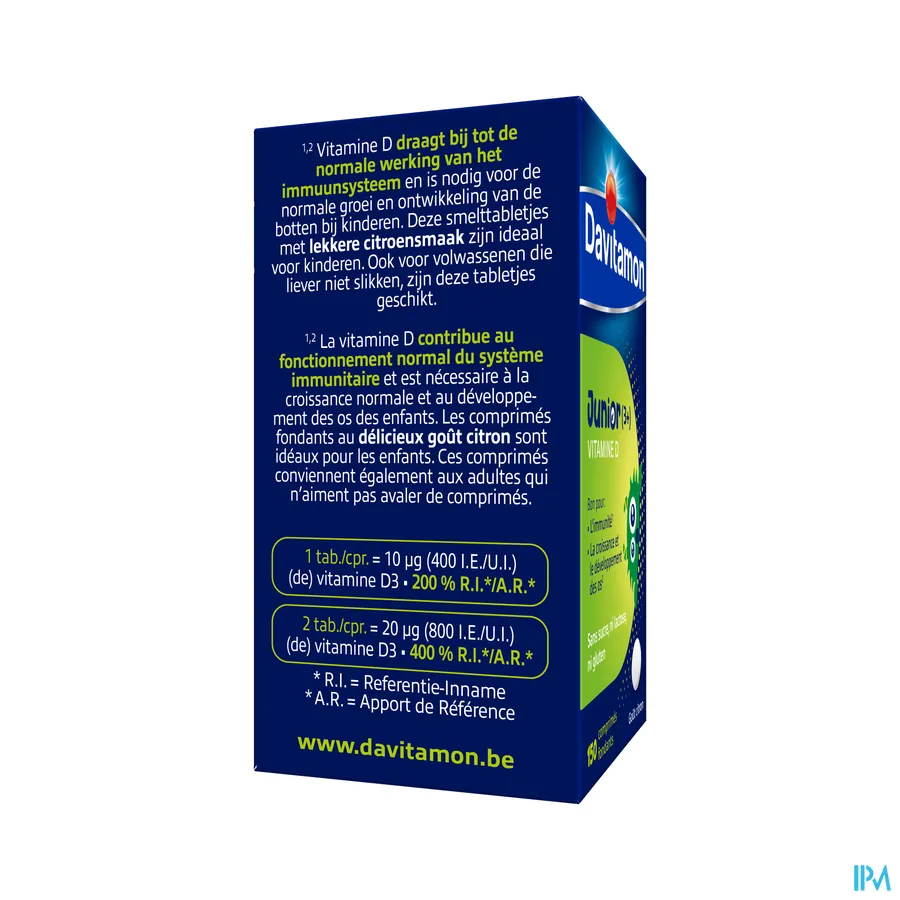 packshot van Davitamon Junior (3+) Vitamine D -Goed voor de Weerstand en de Groei en Ontwikkeling van de Botten- 150 Smelttabletten met Citroensmaak