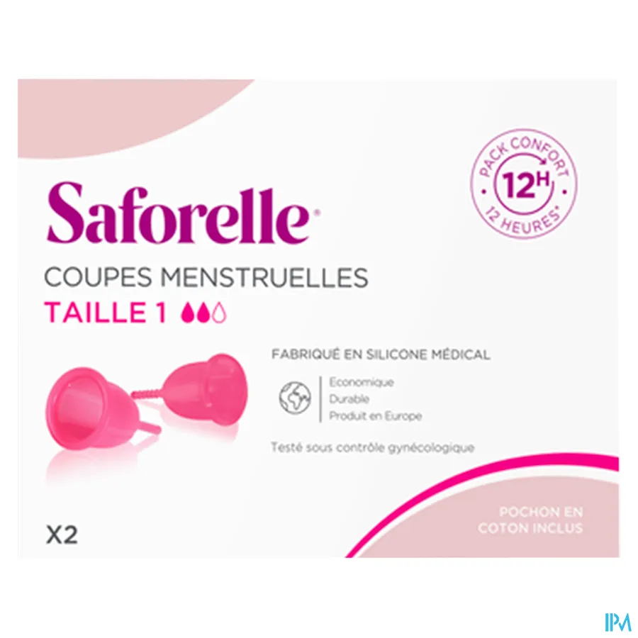 packshot van Saforelle Cup Protect - Comfortpakket voor 12 Uur met 2 Menstruatiecups en 1 Houder voor Sterilisatie en Transport - Maat 1