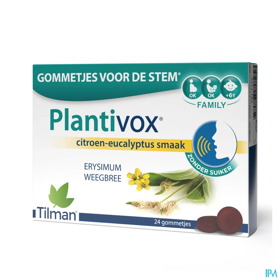 packshot van Plantivox Gommetjes voor de Stem met Erysimum en Weegbree Citroen-Eucalyptussmaak 24 Stuks