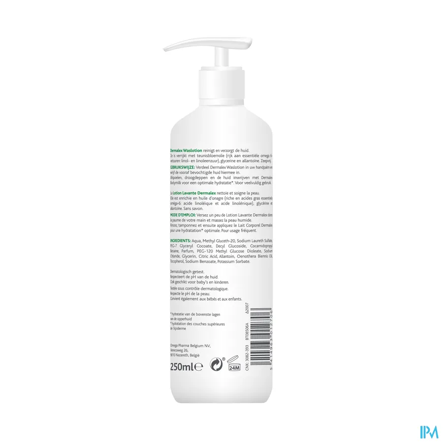 packshot van Dermalex Wash Lotion met Omega 6 en Teunisbloemolie - Verzorgende Reiniging Zonder Zeep voor Droge en Gevoelige Huid Pompflacon 250 ml