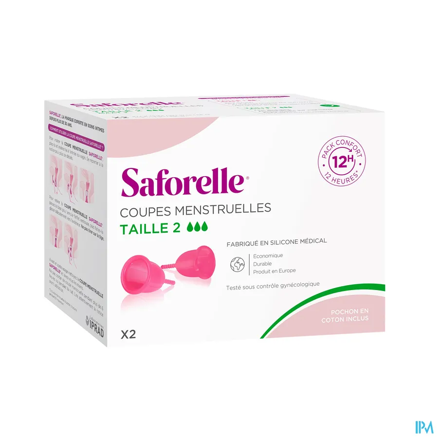 packshot van Saforelle Cup Protect - Comfortpakket voor 12 Uur met 2 Menstruatiecups en 1 Houder voor Sterilisatie en Transport - Maat 2