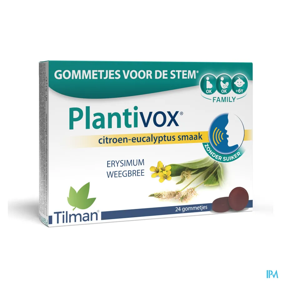 packshot van Plantivox Gommetjes voor de Stem met Erysimum en Weegbree Citroen-Eucalyptussmaak 24 Stuks