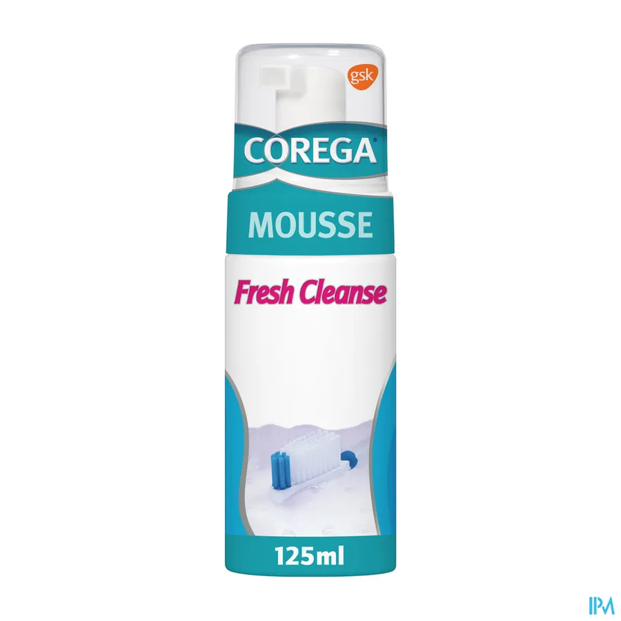 packshot van Corega Mousse Fresh Cleanse Anti-Bacteriële Reinigingsmousse voor de Gebitsprothese Pompflacon 125 ml