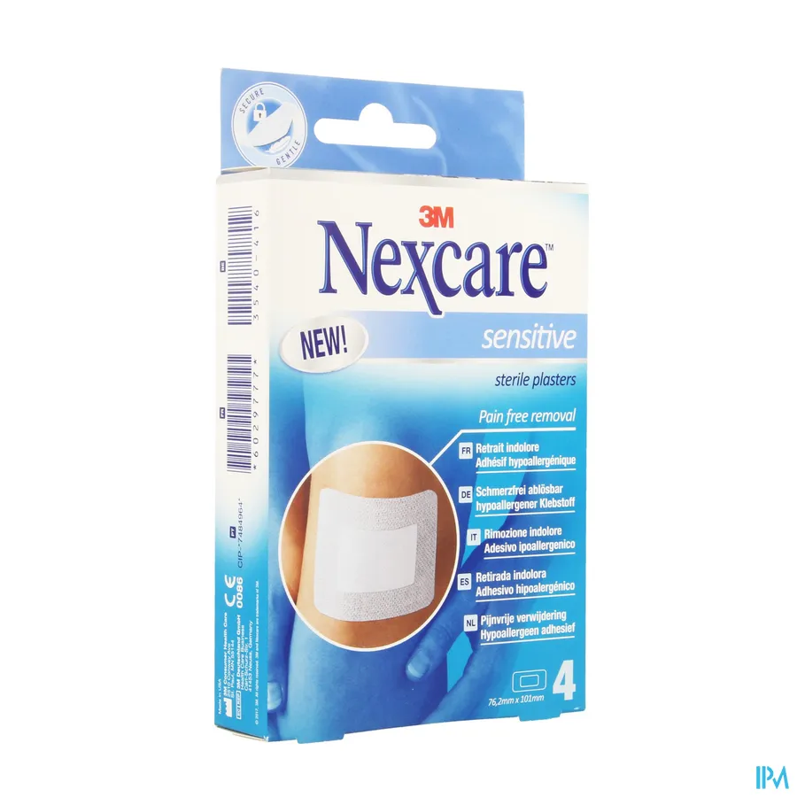 packshot van Nexcare Sensitive Steriele Pleisters voor Pijnvrije Verwijdering 4 Pleisters van 76,2 mm x 101 mm
