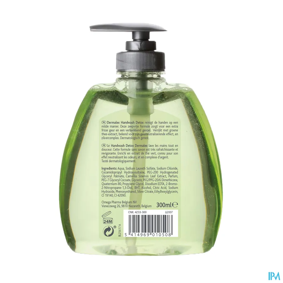 packshot van Dermalex Handwash Detox voor Normale Huid -voor Reiniging van de Handen op een Milde Manier- Pompflacon 300 ml