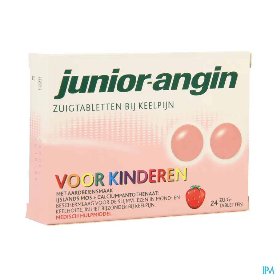 packshot van Junior-Angin met Aardbeiensmaak voor Keelpijn bij Kinderen 24 Zuigtabletten