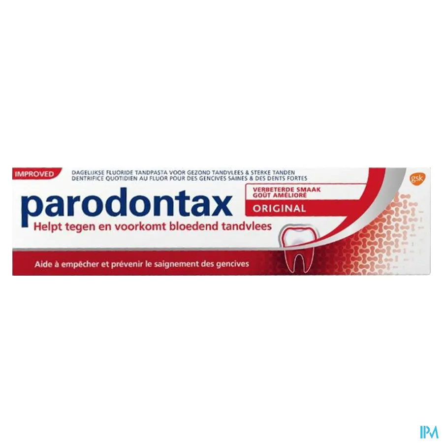 packshot van Parodontax Original mét Verbeterde Smaak -Dagelijkse Fluoride Tandpasta voor Gezond Tandvlees en Sterke Tanden - Helpt tegen en Voorkomt Bloedend Tandvlees- Tube 75 ml