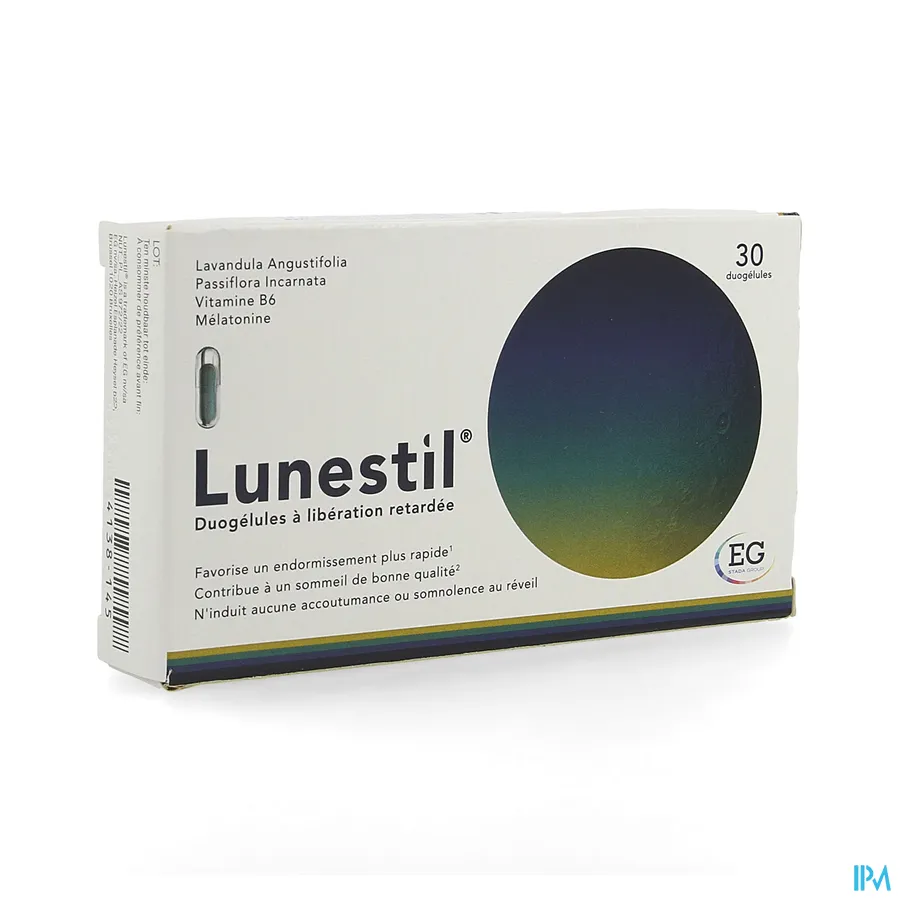 packshot van Lunestil voor Vergemakkelijken van Inslapen en Kwalitatieve Slaap 30 Duocapsules met Verlengde Afgifte