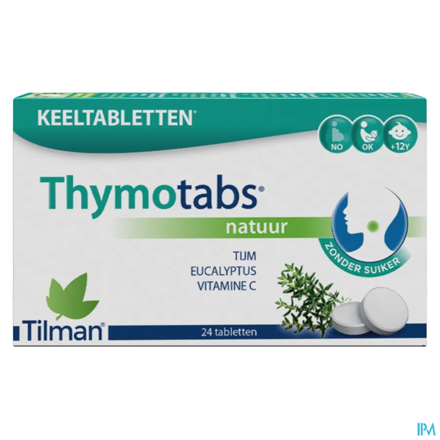 packshot van Thymotabs Natuur met Tijm en Eucalyptus en Vitamine C voor Keel Zonder Suiker 24 Zuigtabletten