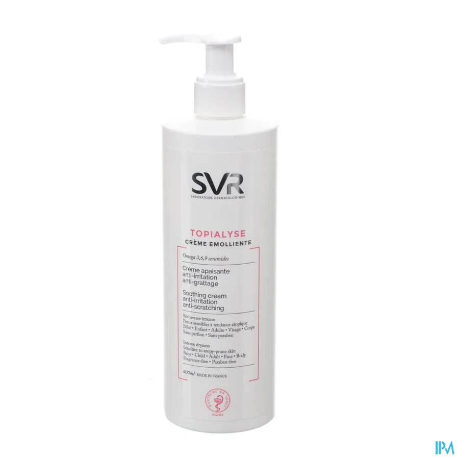 packshot van SVR Topialyse Zachte Kalmerende Crème voor Droge Gevoelige tot Atopische Huid voor Gelaat en Lichaam Pompflacon 400 ml