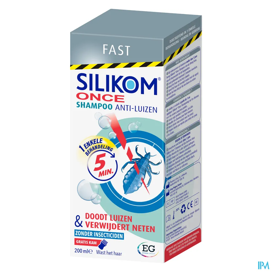 packshot van Silikom Once Shampoo voor Vernietiging van Luizen en Verwijdering van Neten in 5 Minuten met Gratis Kam 200 ml