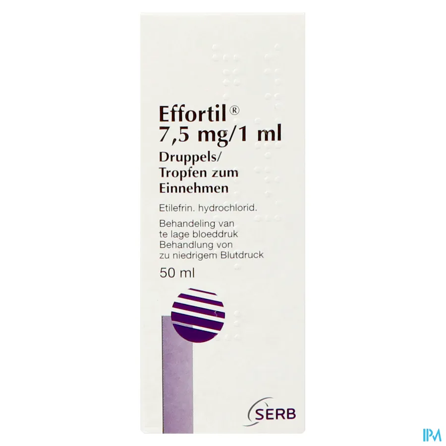 packshot van Effortil Druppels 7,5 mg/ml voor Behandeling van te Lage Bloeddruk 50 ml
