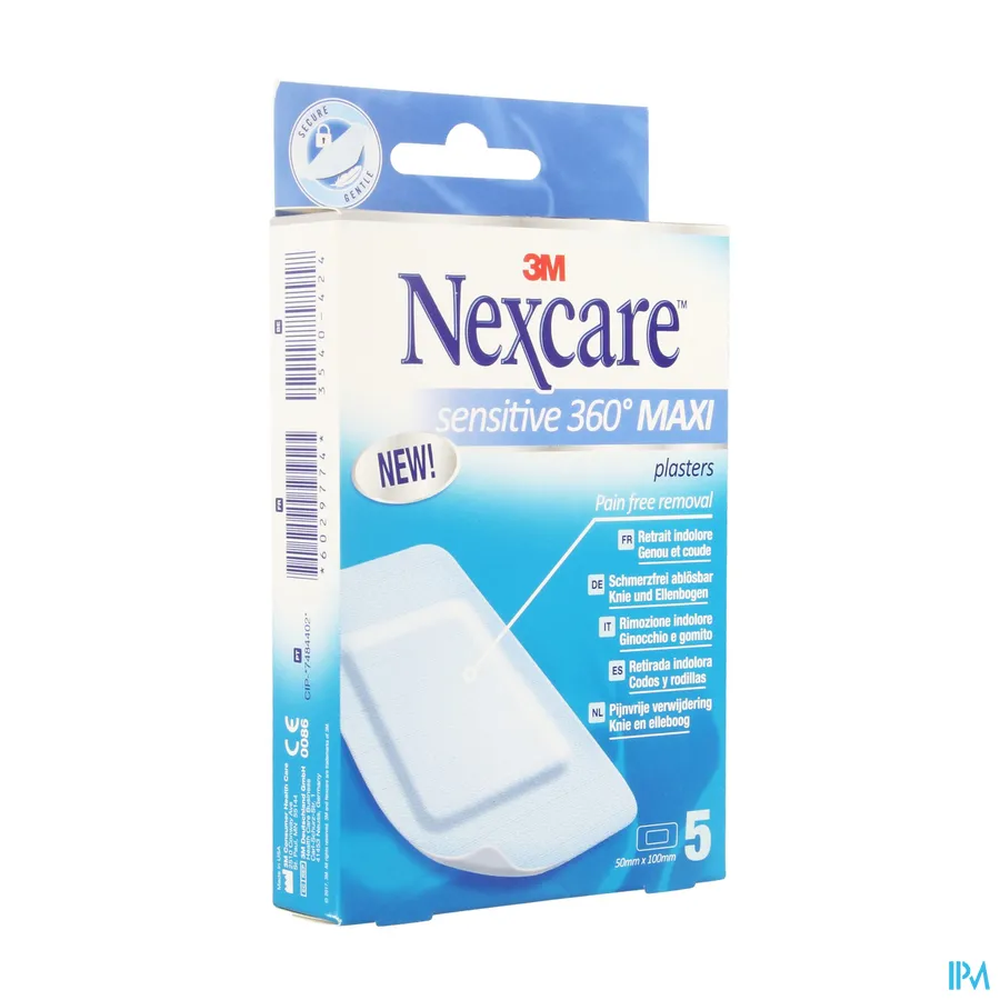 packshot van Nexcare Sensitive 360° MAXI Pleisters voor Knie en Elleboog voor Pijnvrije Verwijdering 5 Pleisters van 50 mm x 100 mm