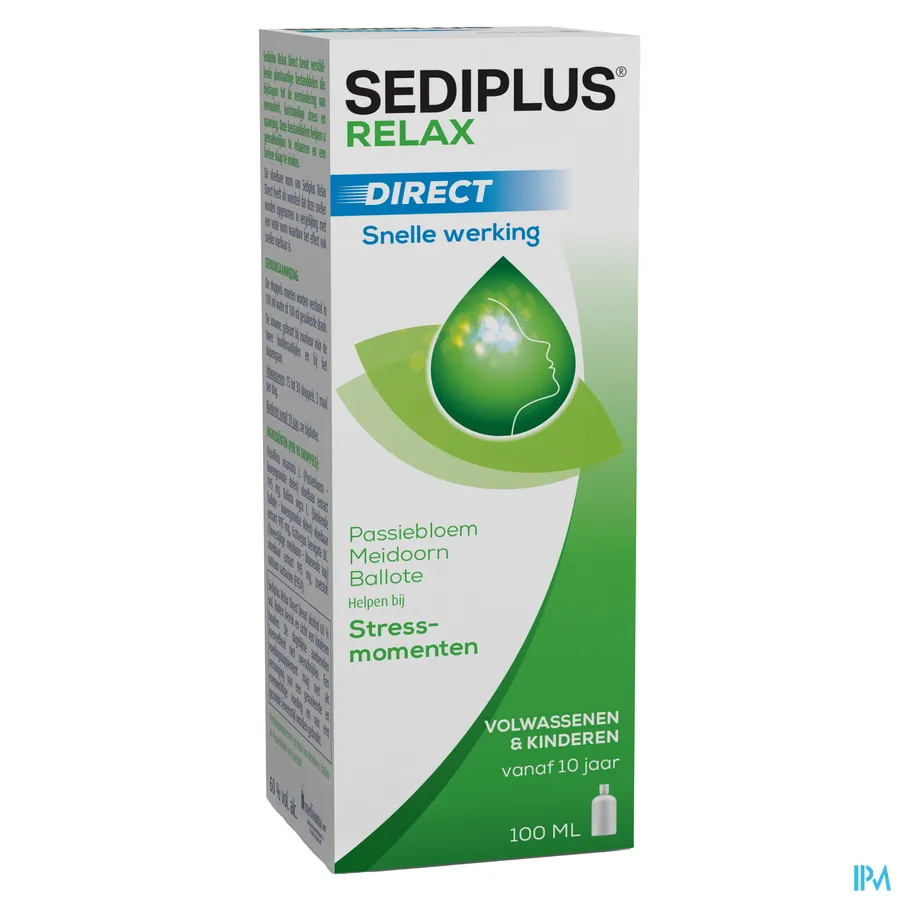 packshot van Sediplus Relax Direct met Snelle Werking voor Hulp bij Stressmomenten met Passiebloem, Meidoorn en Ballote Flacon 100 ml