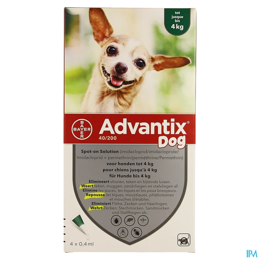 packshot van Advantix 40/200 Hond < 4 kg 4 x 0,4 ml