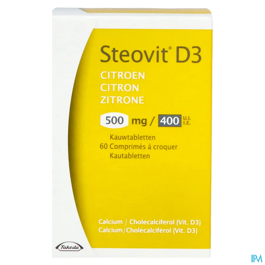 packshot van Steovit D3 500 mg Calcium + 400 IE Vitamine D3 met Citroensmaak 60 Kauwtabletten