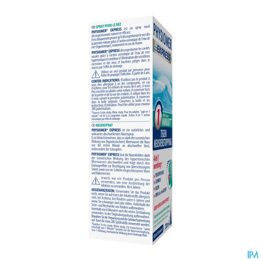 packshot van Physiomer Express tegen Neusverstopping met Hypertonisch Zeewater en Essentiële Oliën Spray 20 ml