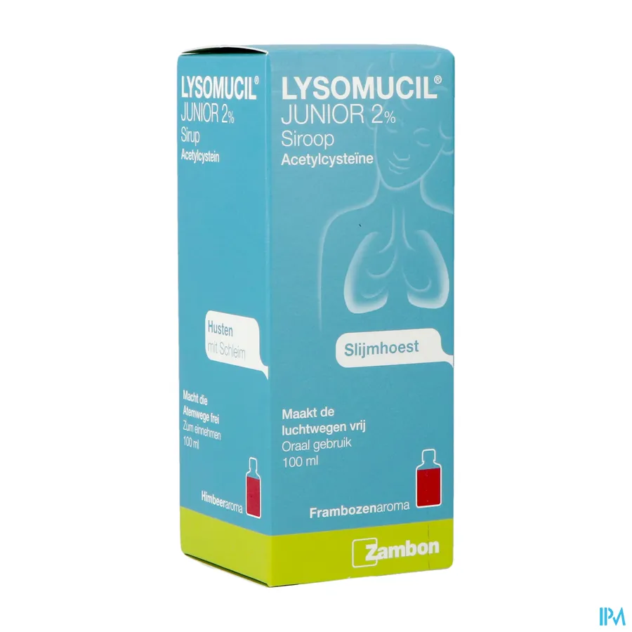 packshot van Lysomucil Junior 2% Siroop bij Slijmhoest Fles 100 ml