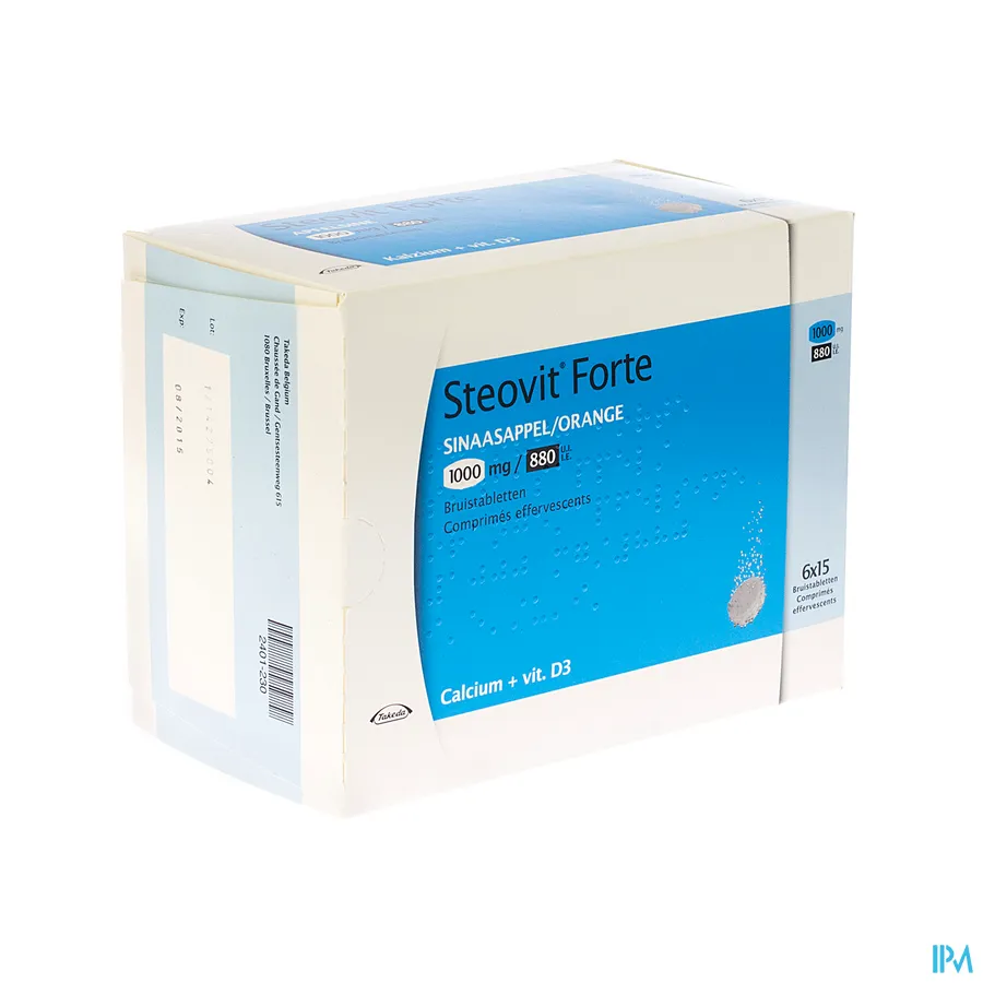 packshot van Steovit D3 1000 mg Calcium + 880 IE Vitamine D3 Sinaasappelsmaak 90 Bruistabletten