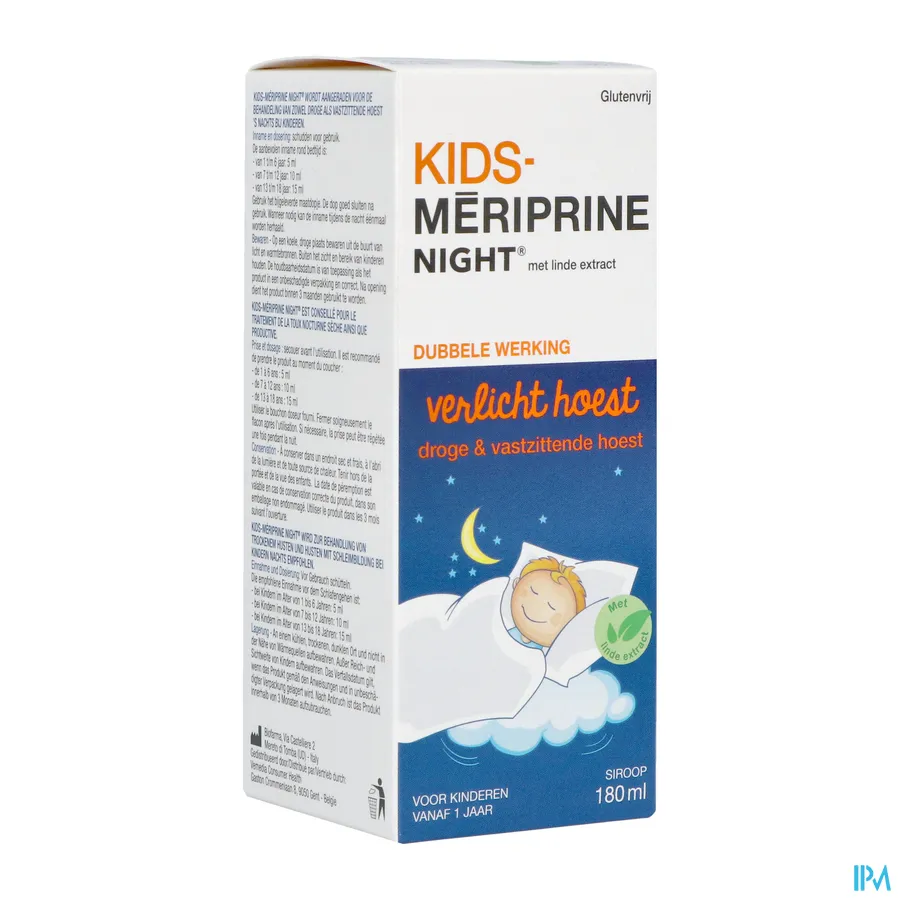 packshot van Kids Mériprine Night Siroop voor Droge en Vastzittende Hoest voor Kinderen vanaf 1 Jaar met Linde Extract 180 ml