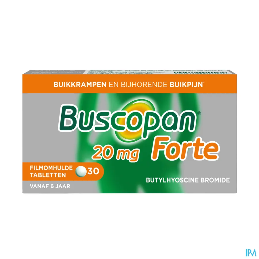 packshot van Buscopan Forte 20 mg voor Stilling van Buikkrampen 30 Tabletten