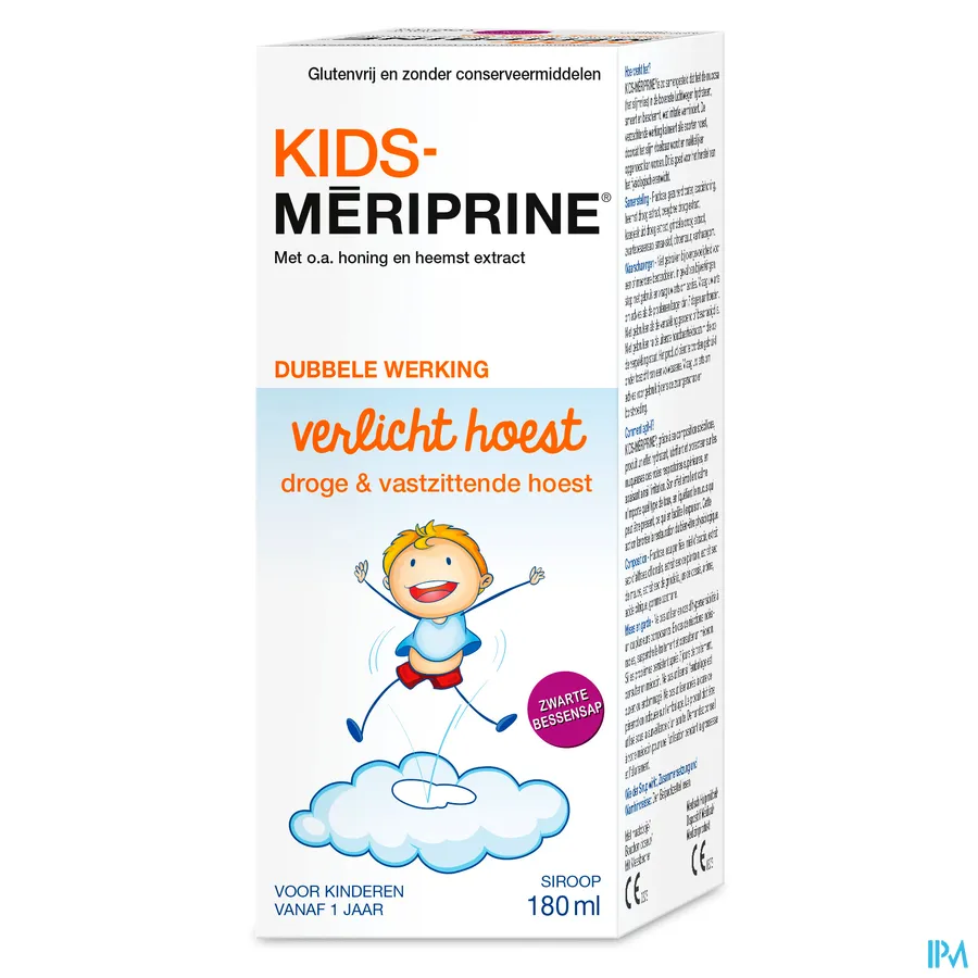 packshot van Kids Mériprine Siroop voor Droge en Vastzittende Hoest voor Kinderen vanaf 1 Jaar met Zwarte Bessensap 180 ml
