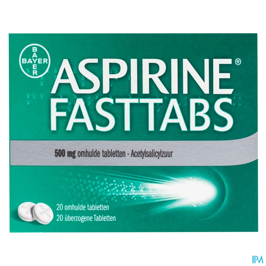 packshot van Aspirine Fasttabs 500mg 20 tabletten