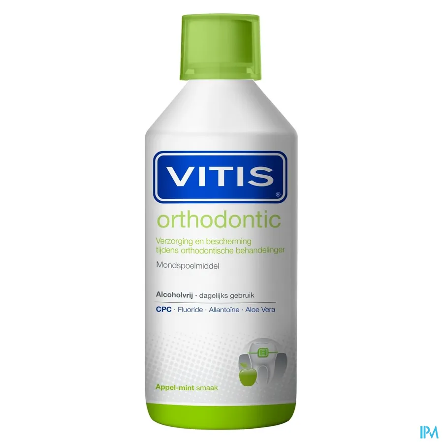 packshot van Vitis Orthodontic Mondspoelmiddel met Appel-Mint Smaak 500 ml