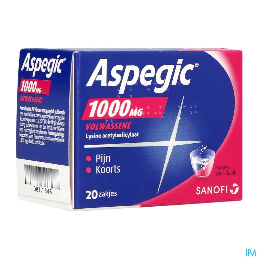 packshot van Aspégic 1000 mg bij Pijn en Koorts 20 Zakjes