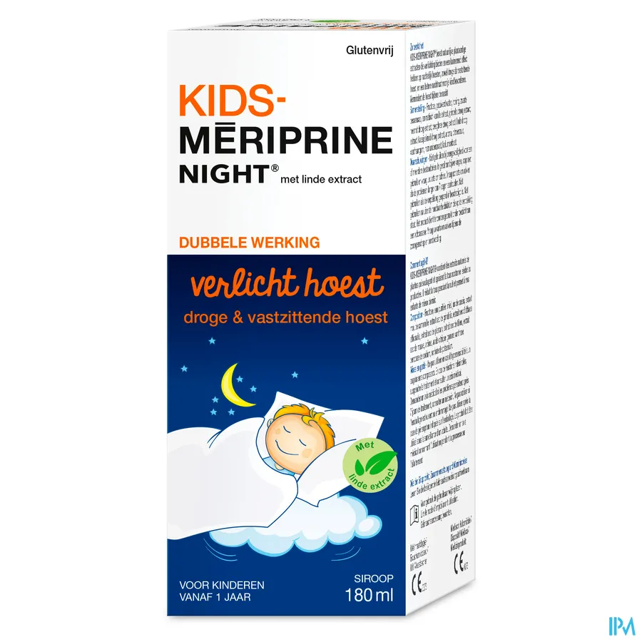 packshot van Kids Mériprine Night Siroop voor Droge en Vastzittende Hoest voor Kinderen vanaf 1 Jaar met Linde Extract 180 ml
