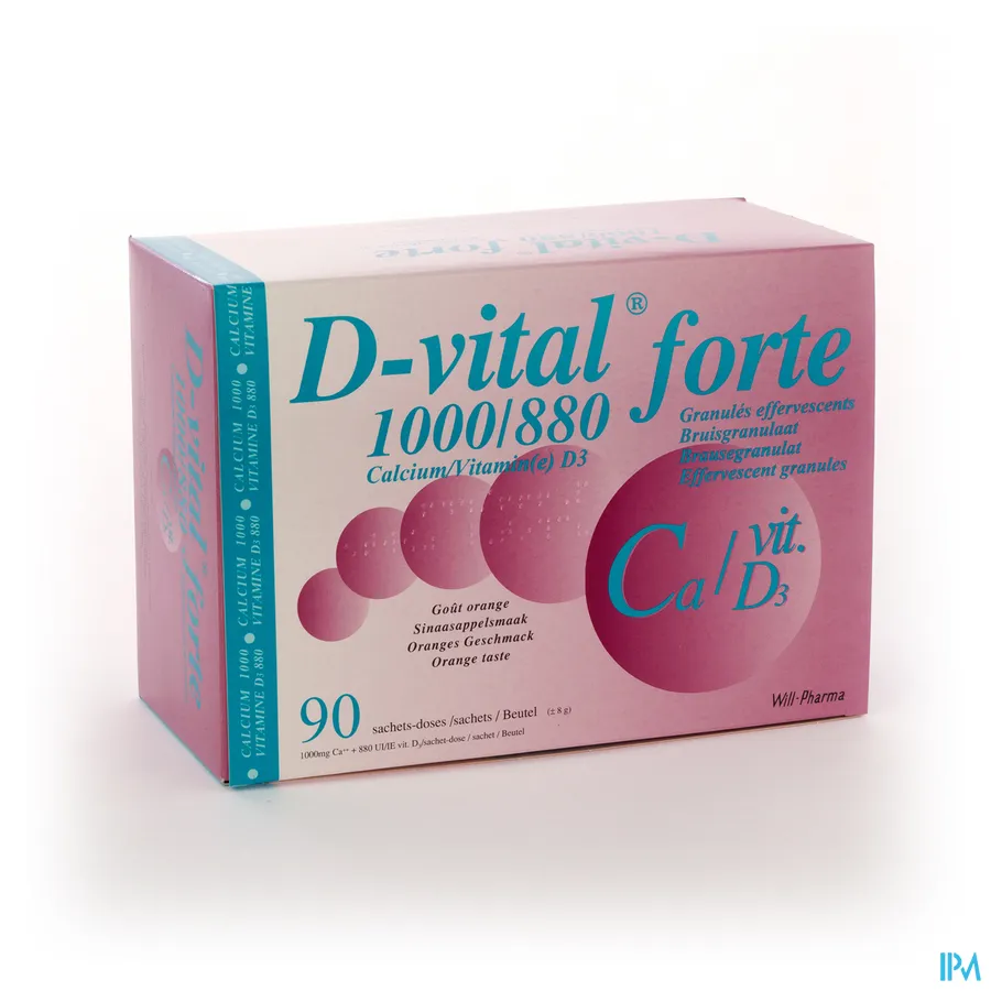 packshot van D Vital Forte 1000 mg Calcium en 880 IE Vitamine D3 Bruisgranulaat met Sinaasappelsmaak 90 Zakjes