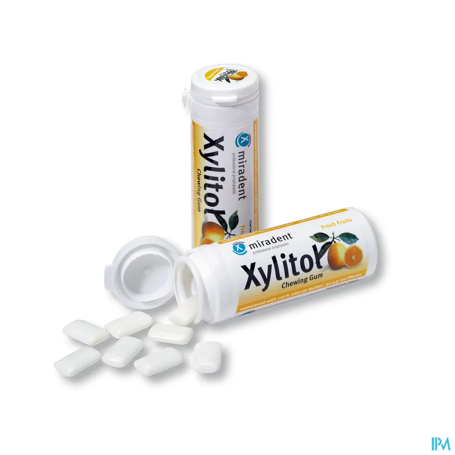 packshot van Miradent Kauwgom Xylitol Fruit 30 stuks