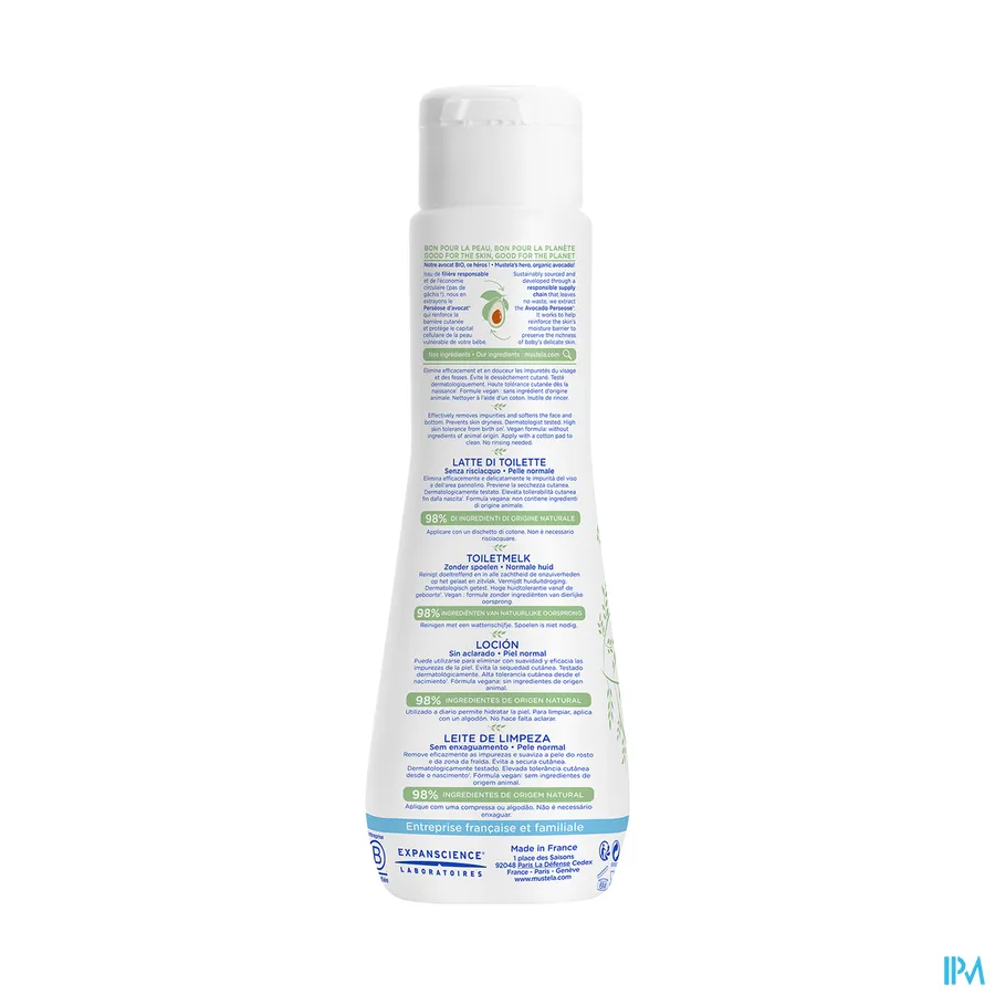 packshot van Mustela Baby en Kind Toiletmelk Zonder Spoelen voor Gelaat en Zitvlak voor Normale Huid 200 ml