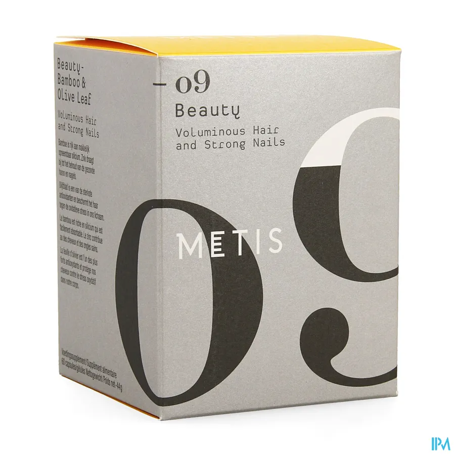packshot van Metis 09 Beauty met Bamboe en Olijfblad voor Volumineus Haar en Sterke Nagels Verpakking met 60 Capsules