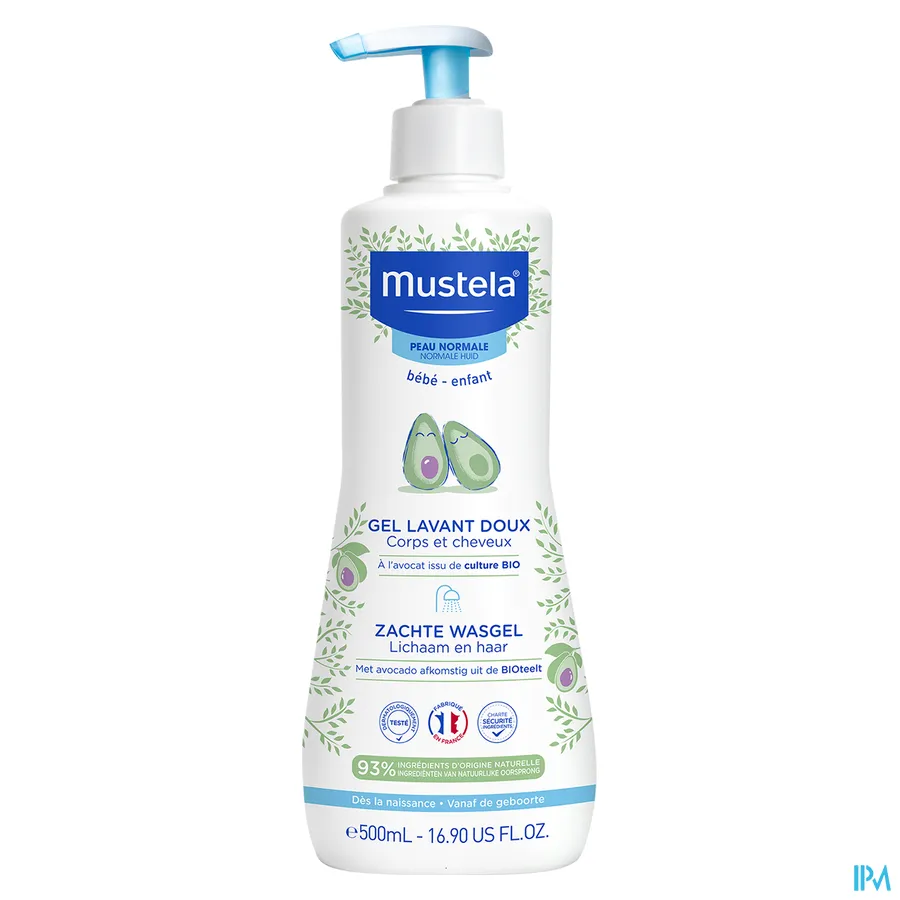 packshot van Mustela Baby en Kind Zachte Wasgel voor Reiniging en Bescherming van Lichaam en Haar voor Normale Huid Pompflacon 500 ml