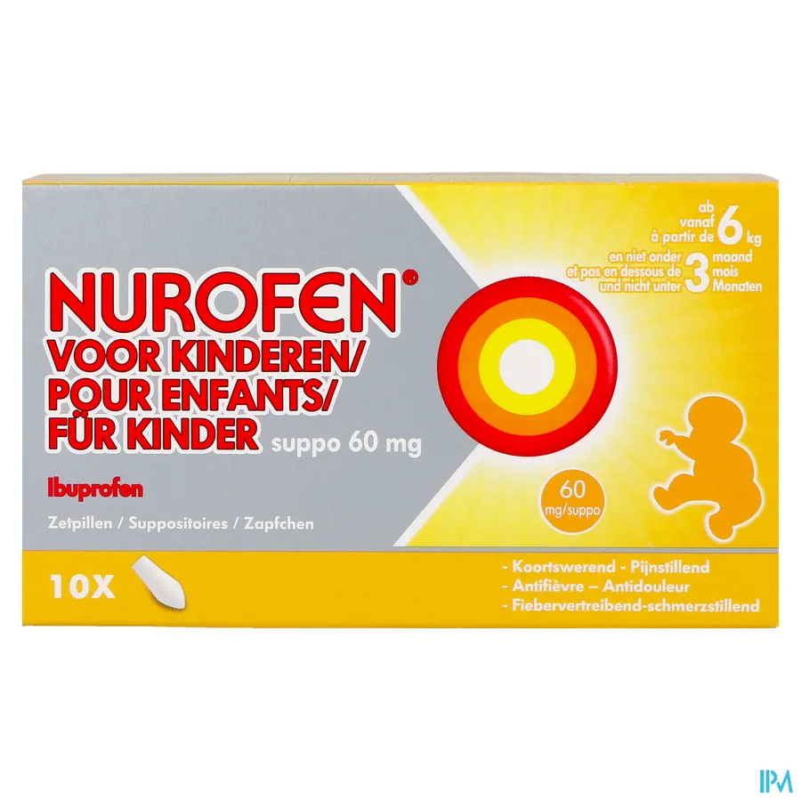 packshot van Nurofen 60 mg Suppo voor Kinderen vanaf 6 kg en Niet Onder 3 Maanden 10 Zetpillen