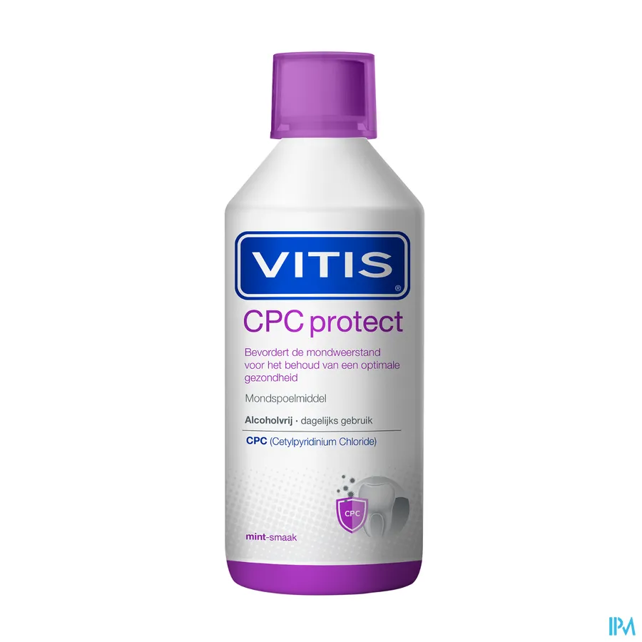 packshot van Vitis CPC Protect Mondspoeling voor Bevordering van Mondweerstand en Behoud van Optimale Gezondheid -Muntsmaak, Alcoholvrij, voor Dagelijks Gebruik- Flacon 500 ml