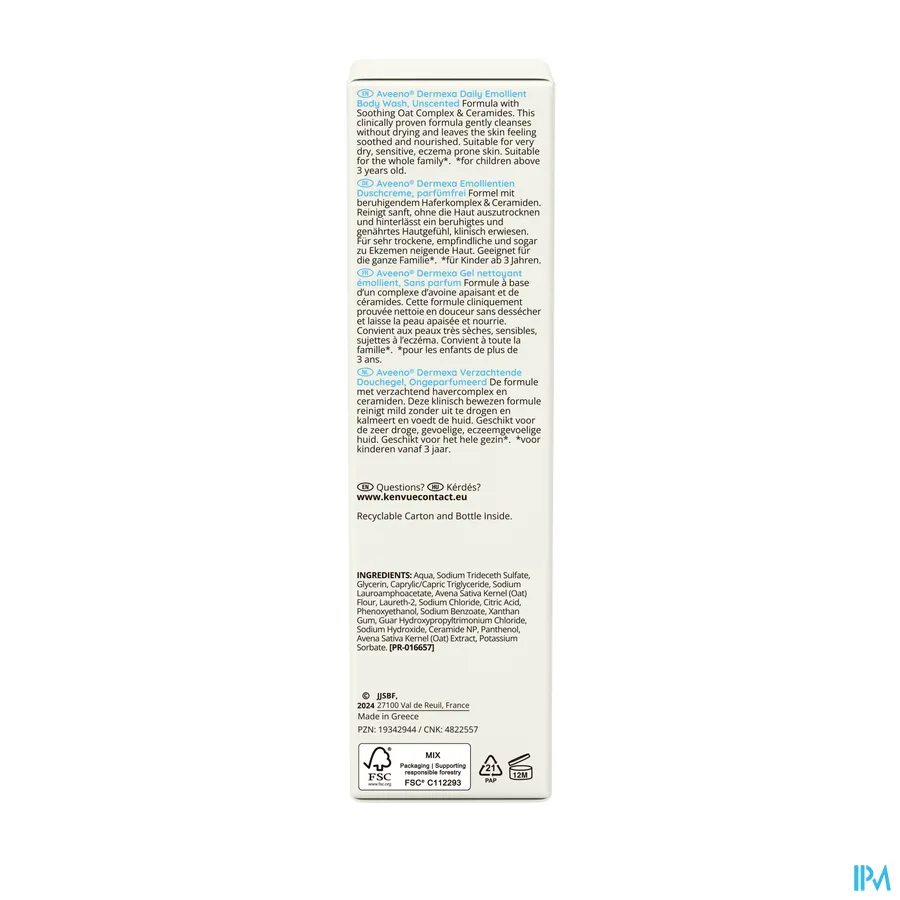 packshot van Aveeno Dermexa Verzachtende Douchegel 300 ml