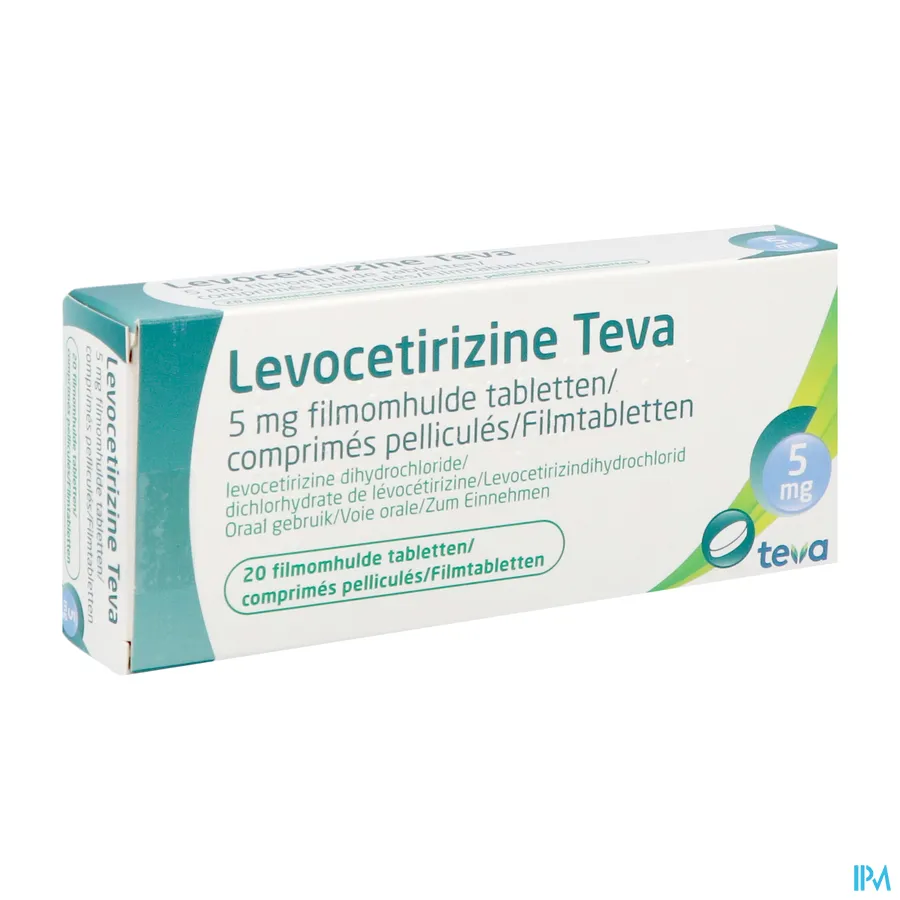 packshot van Levocetirizine Teva 5 mg 20 tabletten