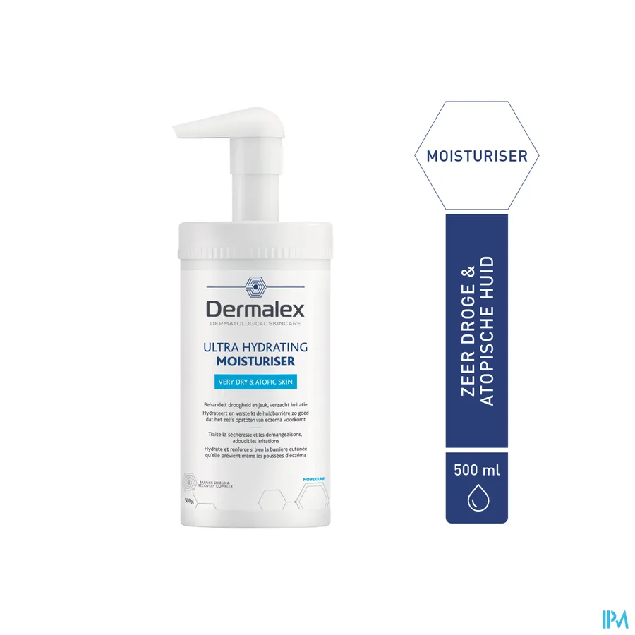 packshot van Dermalex Intensief Hydraterende Crème -voor Behandeling van Droogheid, Jeuk en Irritatie- voor Droge tot Zeer Droge en Atopische Huid Zonder Parfum Pompflacon 500 g