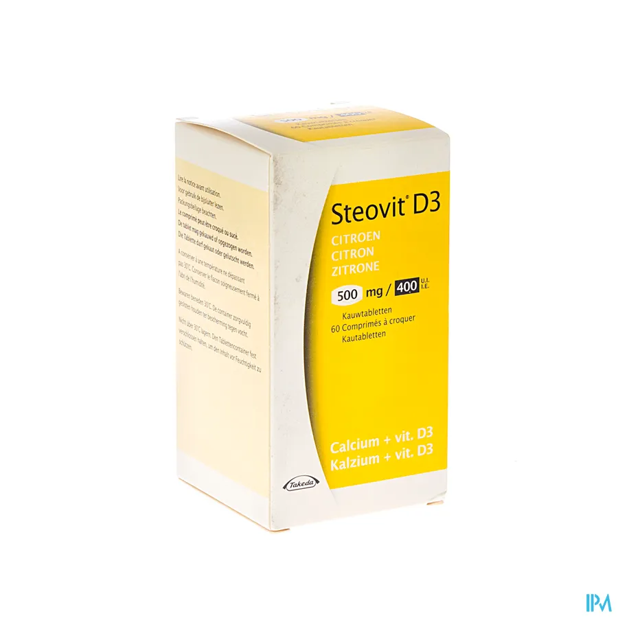 packshot van Steovit D3 500 mg Calcium + 400 IE Vitamine D3 met Citroensmaak 60 Kauwtabletten