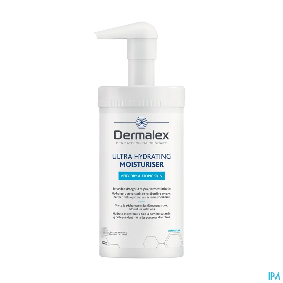 packshot van Dermalex Intensief Hydraterende Crème -voor Behandeling van Droogheid, Jeuk en Irritatie- voor Droge tot Zeer Droge en Atopische Huid Zonder Parfum Pompflacon 500 g
