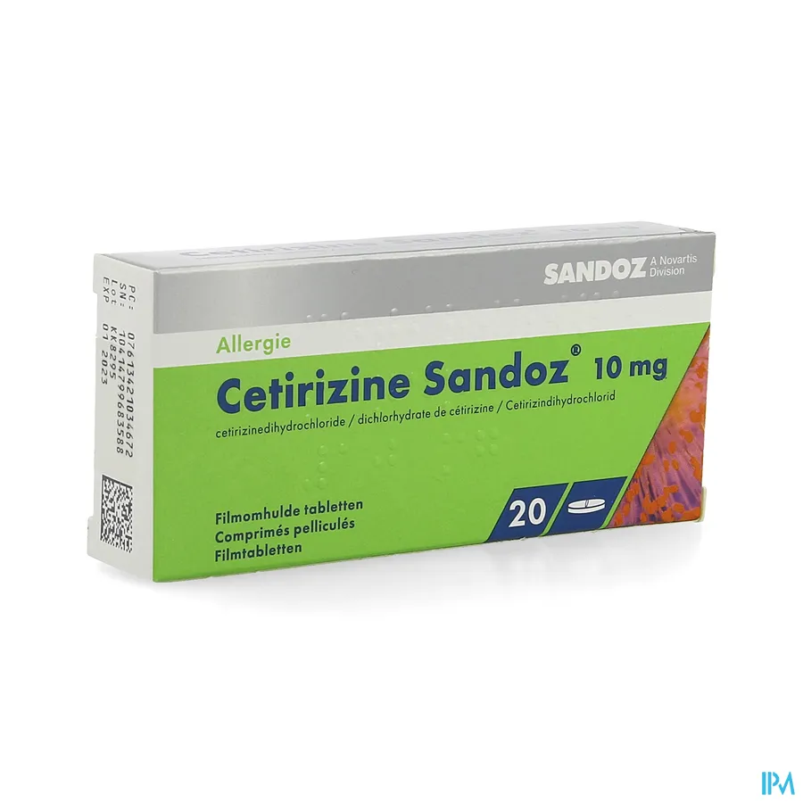packshot van Cetirizine Sandoz 10 mg 20 tabletten