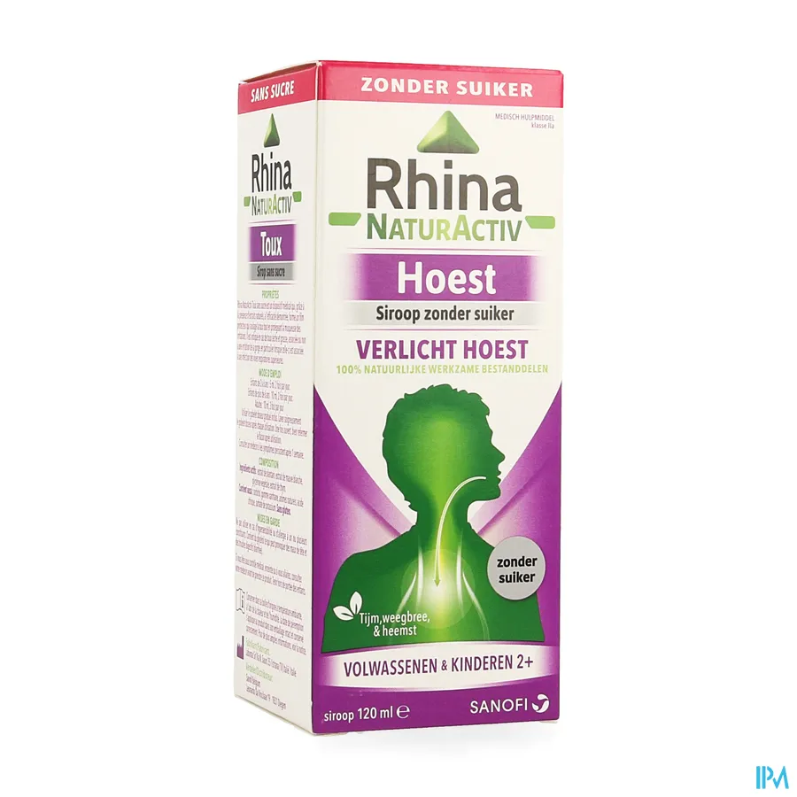 packshot van Rhina Naturactiv Suikervrije Siroop voor Verlichting van Hoest met Tijm, Weegbree en Heemst 120 ml