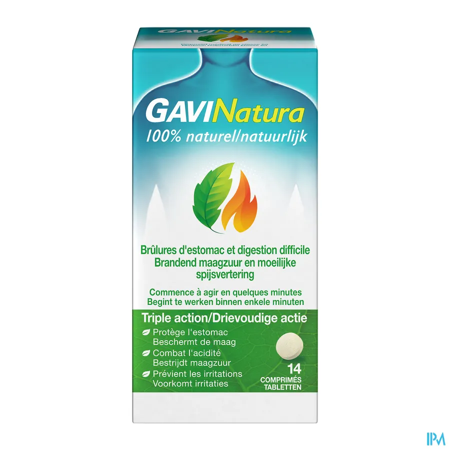 packshot van GaviNatura 100% Natuurlijk met Drievoudige Actie bij Brandend Maagzuur en Moeilijke Spijsvertering 14 Tabletten
