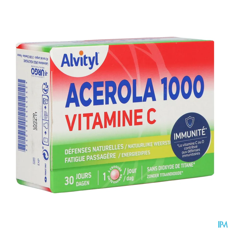packshot van Alvityl Acerola 1000 Vitamine C voor Bijdrage aan de Natuurlijke Weerstand en Hulp bij Energiedipjes 30 Kauwtabletten met Kersensmaak