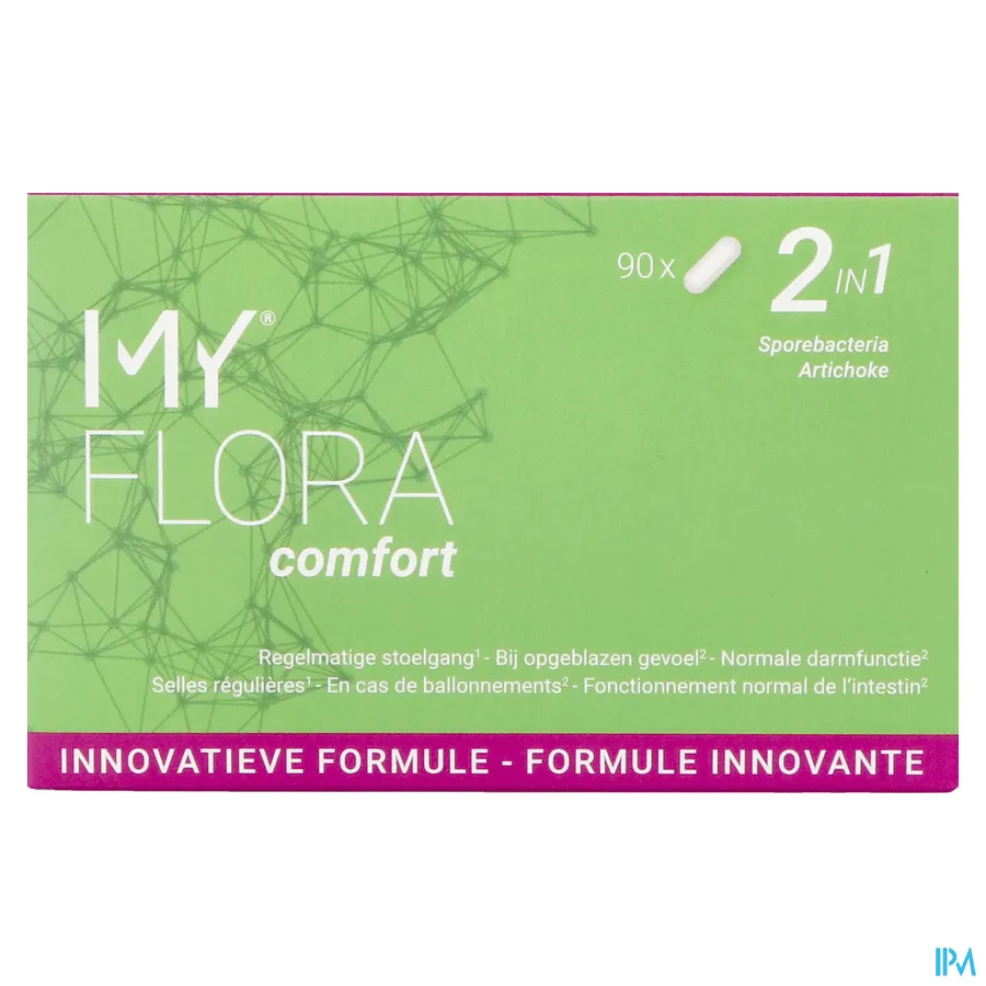 packshot van My Flora Comfort voor Ondersteuning van de Normale Stoelgang en Darmfunctie 2-in-1 met Sporebiotica en Artisjok 90 Capsules