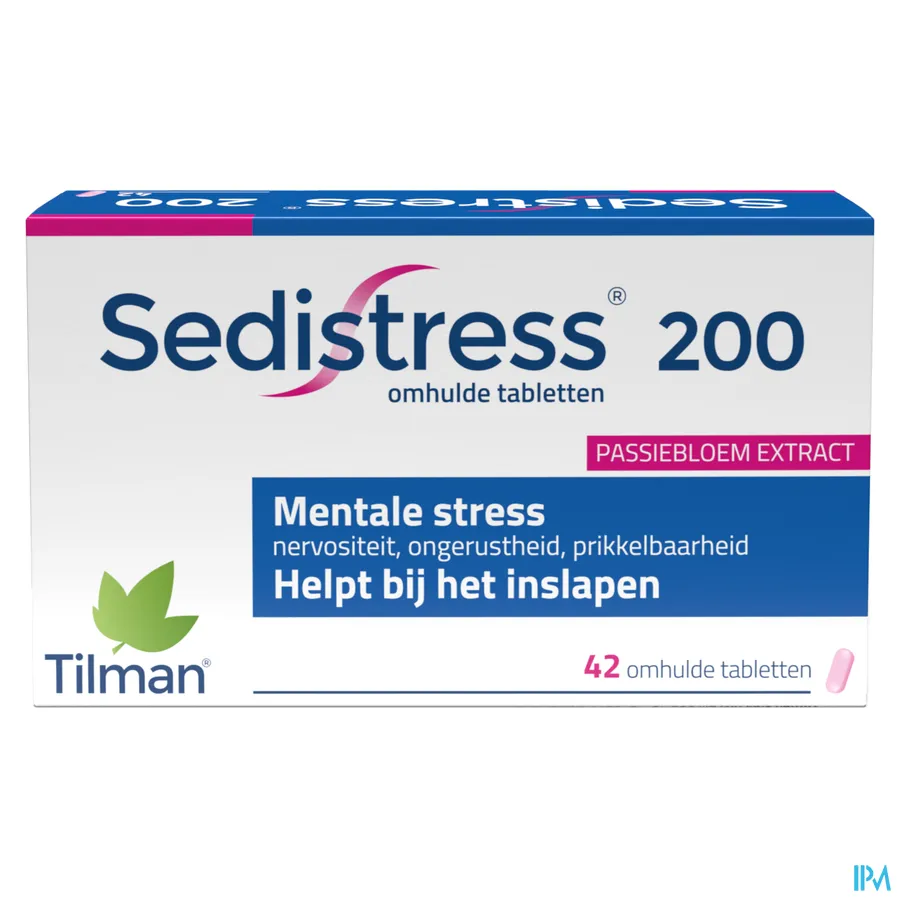 packshot van Sedistress 200 tegen Mentale Stress en Helpt bij Inslapen met Passiebloemextract 42 Tabletten