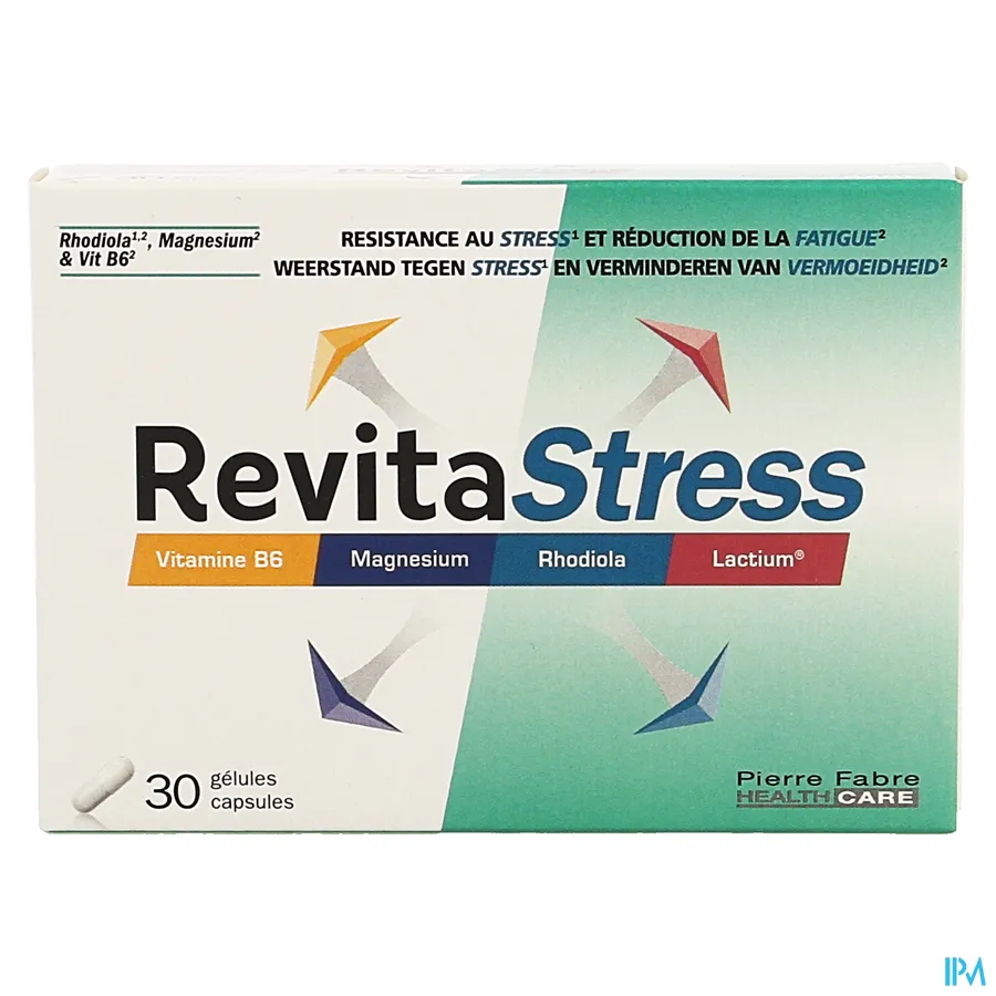 packshot van Revita Stress voor Weerstand tegen Stress en Verminderen van Vermoeidheid -met Vitamine B6, Magnesium, Rhodiola en Lactium- 30 Capsules